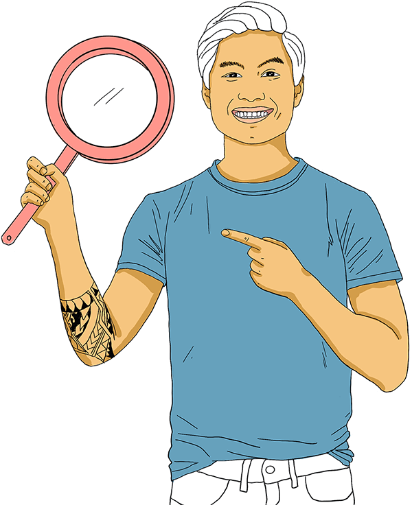 A man holding a large magnifying glass in his hand.